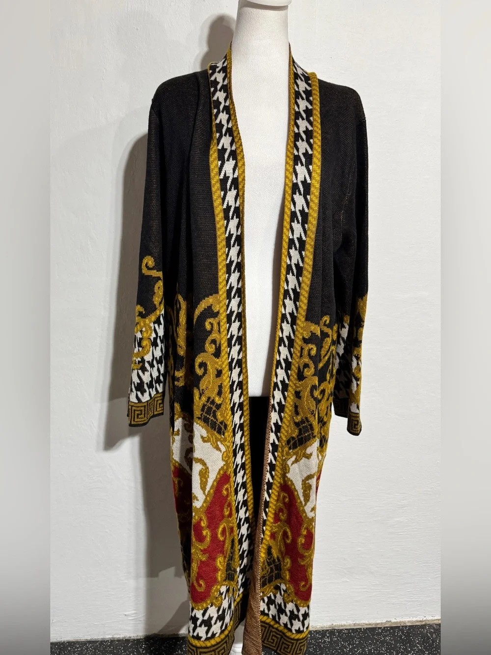 MAXSPORT Long Black & Gold Patterned Open Cardigan Sweater LARGE